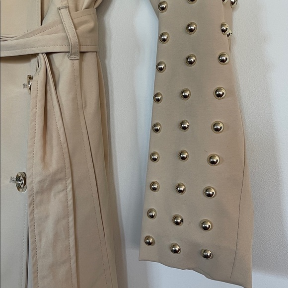 Bebe Studded Sleeve Double Breasted Belted Trench Coat - Tan/Beige - Picture 2 of 10
